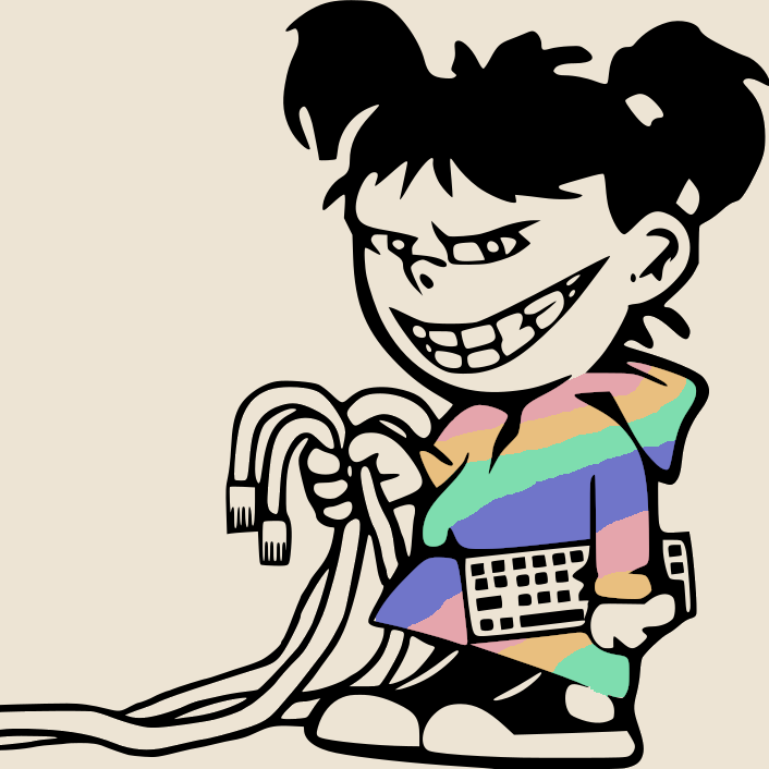 A girl with black hair in twintails and a naughty wide
                    grin across her whole face, who is wearing a hoodie with diagonal colored stripes, holding a keyboard and a bunch
                    of cables.