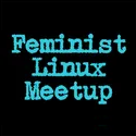 The text Feminist Linux Meetup
                    in light blue with slightly ragged letters on a black background.