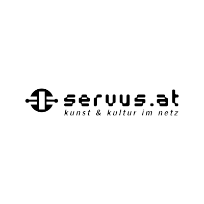The logo and text servust.at kunst & kultur im netz
                    in black on a white background. The logo is a circle with a vertical white rectangle in it and without the middle
                    third on the sides, where there is an antenna on each side instead. The antennas are just a line with a dot at the end.