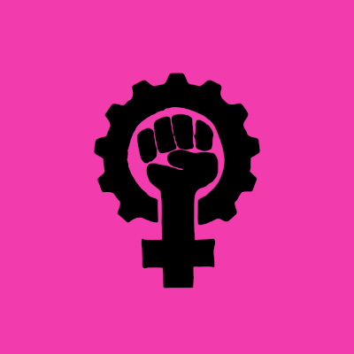 The venus symbol with a fist in the middle
                    and a gear instead of the circle in black on a magenta background.